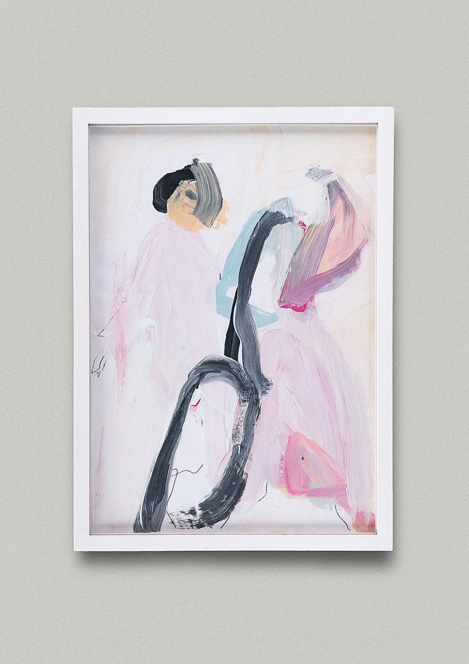 Gemälde mit Portrait einer abstrakt figurativen Tänzerin, an Wand hängend. Im Saleroom der Galerie erhältlich