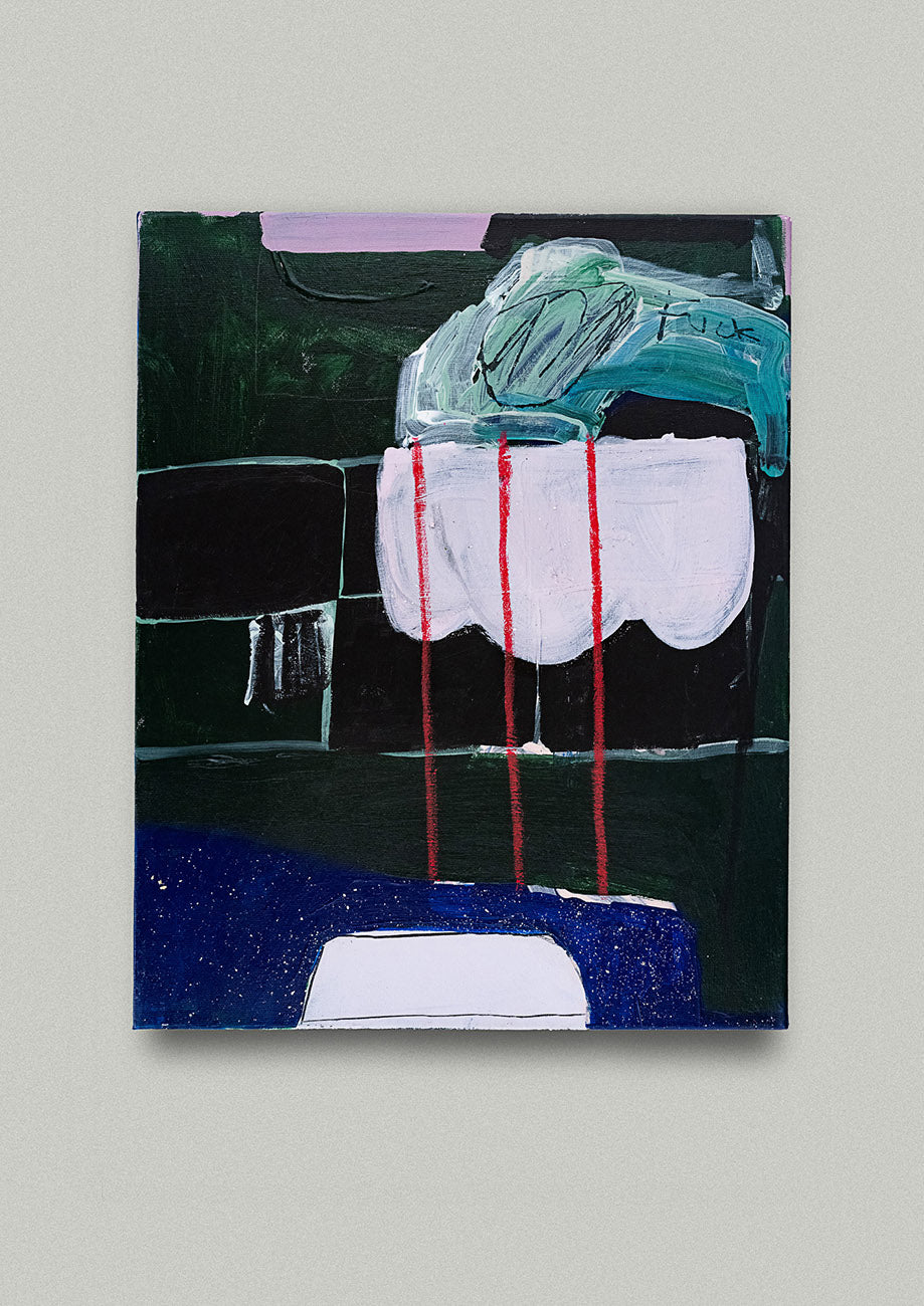 Gemälde mit abstrakten Formen in Schwarz, Weiss, Blau und Rot an Wand montiert. Das Kunstwerk ist via Galerie erhältlich