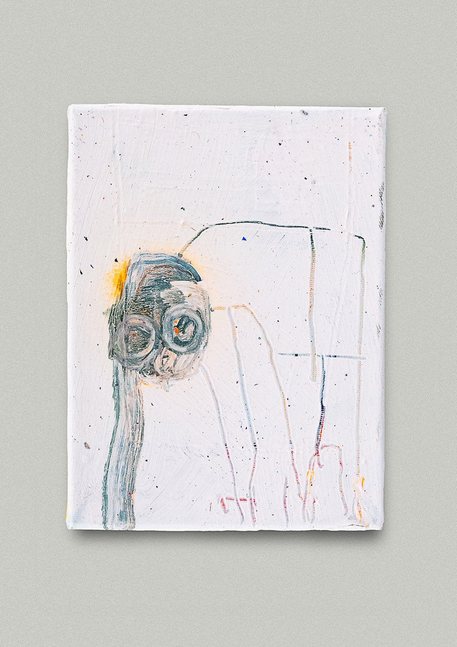 Gemälde mit sich gebückter abstrakter Strichfigur, an Wand montiert. Erhältlich im Onlineshop