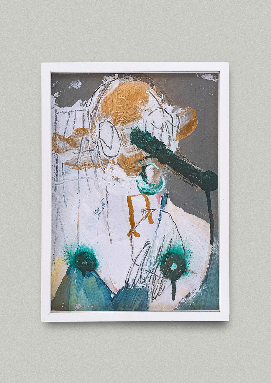 Gemälde mit abstrahierter fröhlichem Fratzengesicht und dem Titel happy, an Wand hängend. Online erhältlich