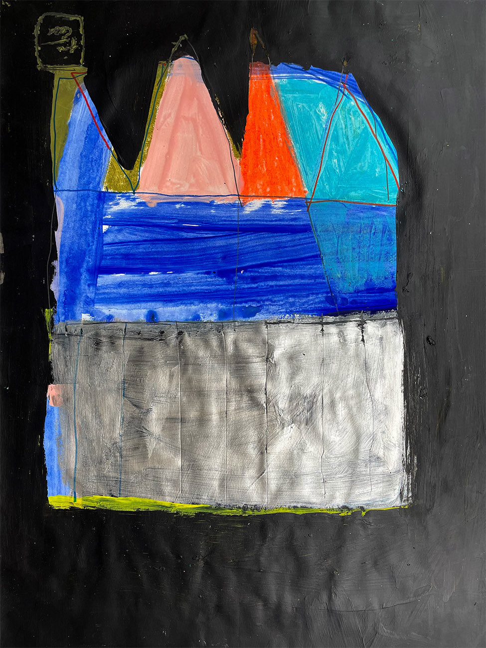 Gemälde mit farbigen geometrischen Formen auf schwarzem Hintergrund. Erhältlich im Saleroom der Galerie