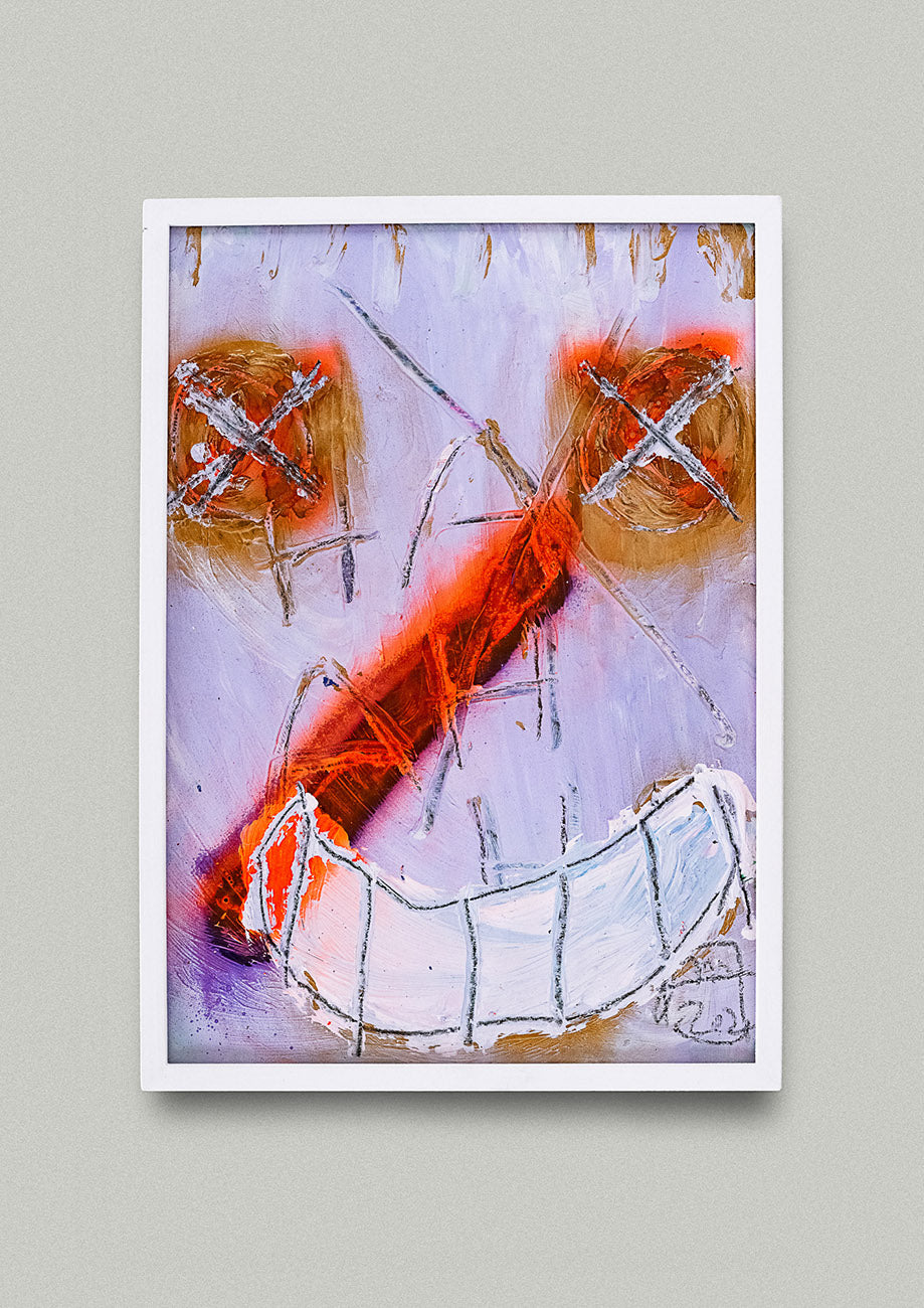 Gemälde mit gekratzter Schrift in Form von HA HA HA auf lachendem Gesicht, an Wand hängend. Erhältlich im Onlineshop