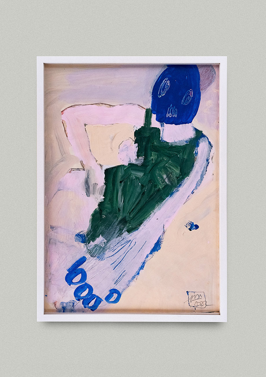 Gemälde mit neoexpressionistischer Figur der Deutschen Künstlerin Janet Mueller, gerahmt. Online erhältlich