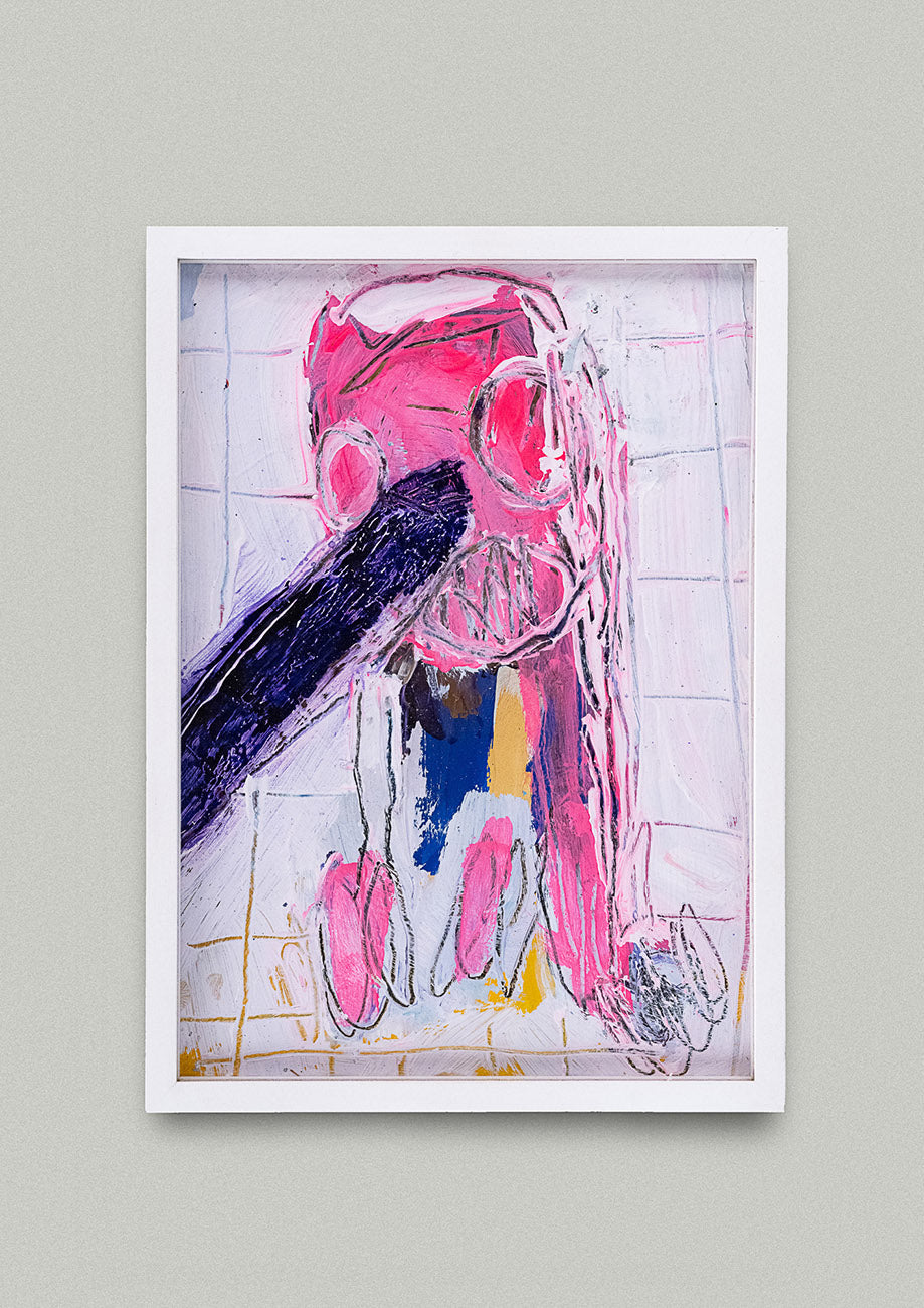 Gemälde eines abstrahierten lachenden Pinocchios mit langer Nase, gerahmt. Erhältlich bei Galerie König Büro