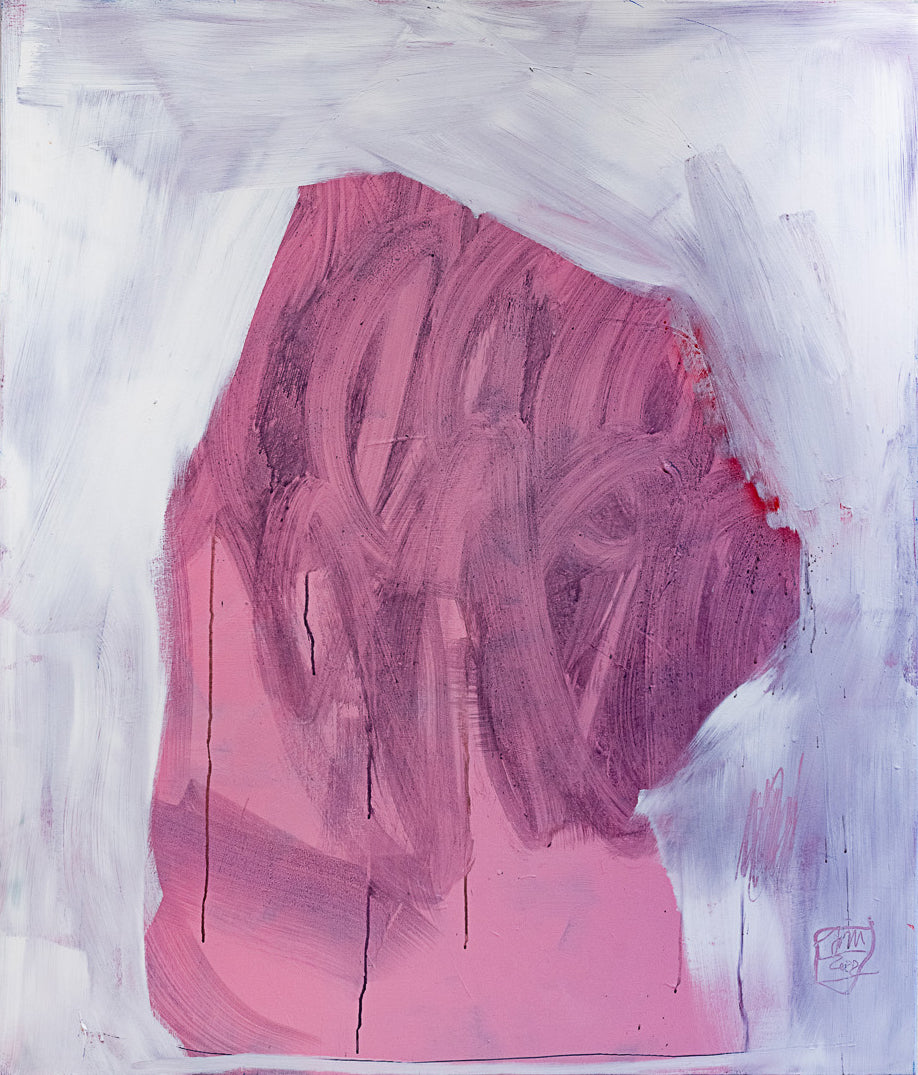 Gemälde mit rosa farbebner Fläche auf weissem Hintergrund, den weibliche Berg thematisierend. Online erhältlich