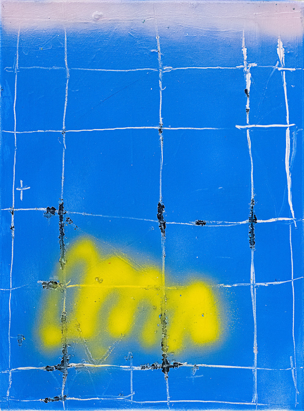 Gemälde eines abstrahierten blauen DDR Plattenbaus mit gelbem Graffiti drauf. Im Saleroom der Galerie erhältlich