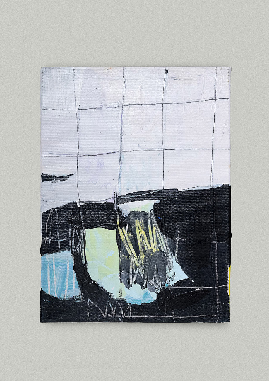 Gemälde eines abstrahierten DDR Plattenbaus in Schwarz und Weiss mit wenig Farbe, auf Leinwand. Erhältlich bei Galerie König Büro