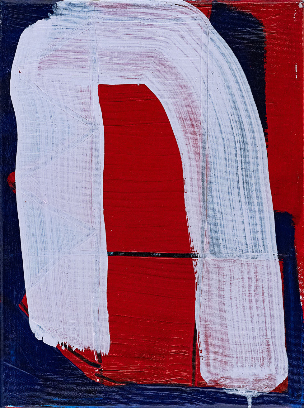 Gemälde mit abstraktem weissen Torbogen auf rotem Hintergrund. Das Kunstwerk ist bei der Galerie erhältlich