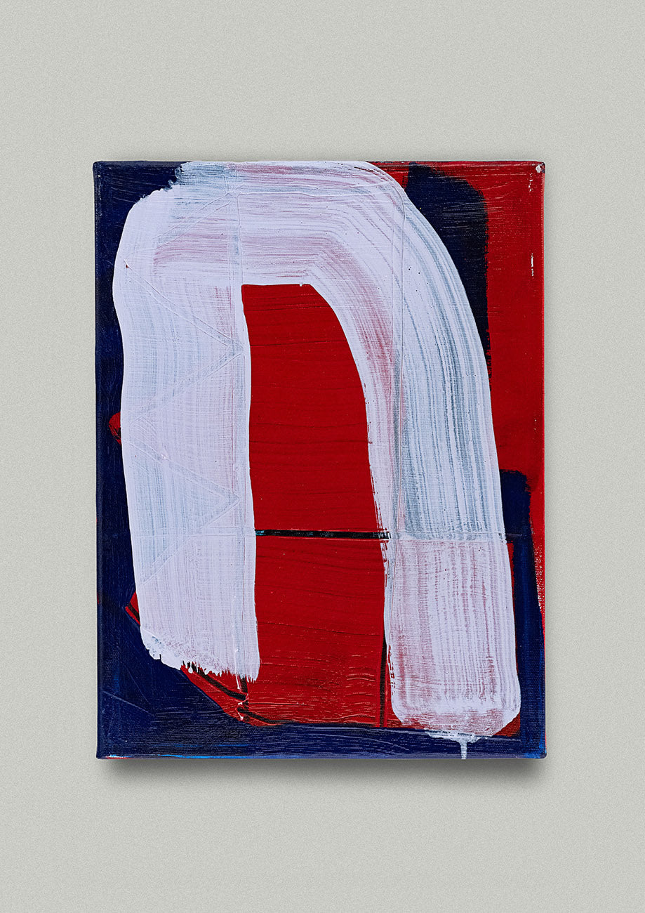 Gemälde mit abstraktem weissen Torbogen auf rotem Hintergrund, auf Leinwand. Das Kunstwerk ist bei der Galerie erhältlich