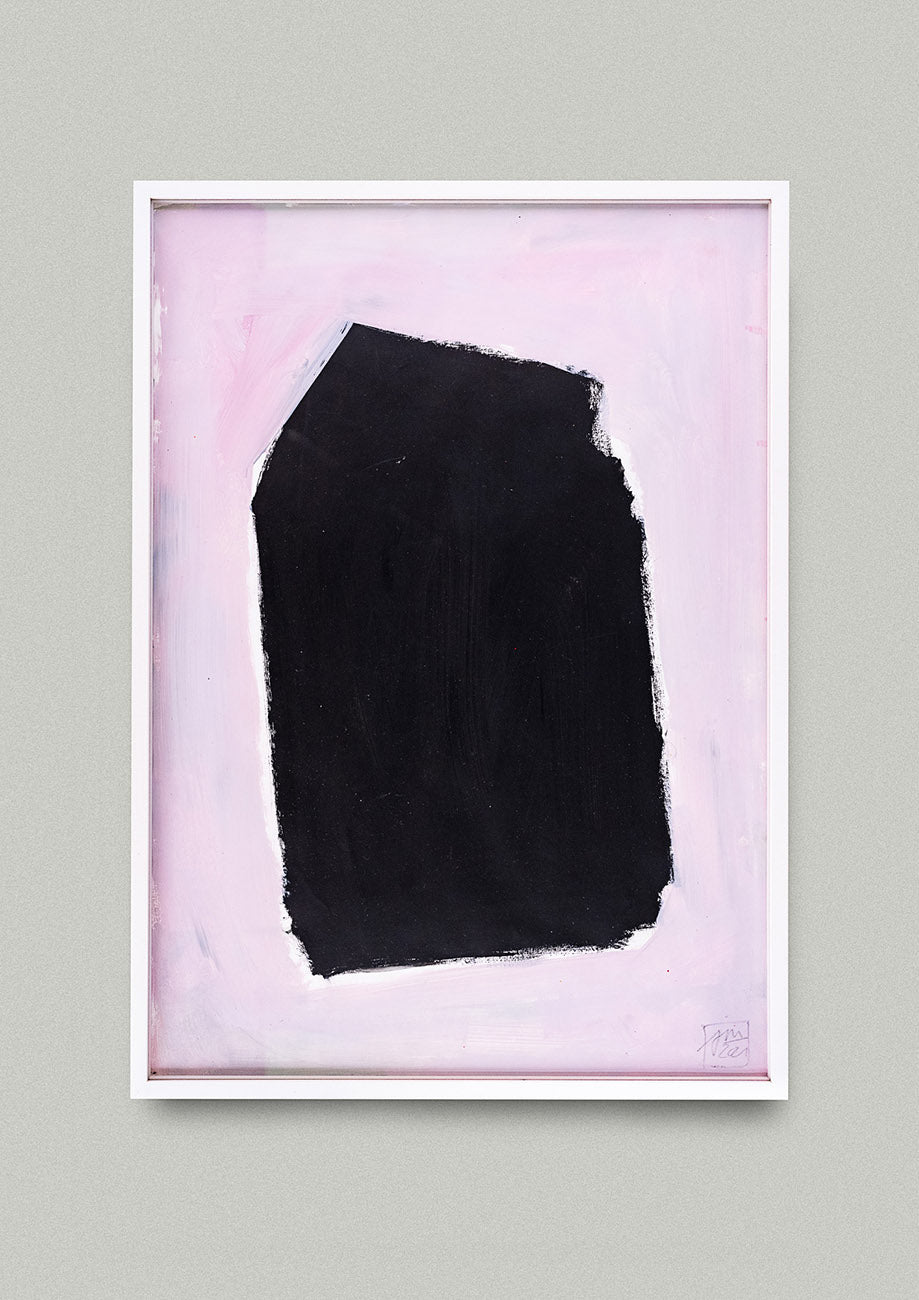 Gemälde mit schwarzer Fläche auf grauem Hintergrund von der Schweizer Malerin Janet Mueller, gerahmt. Online erhältlich