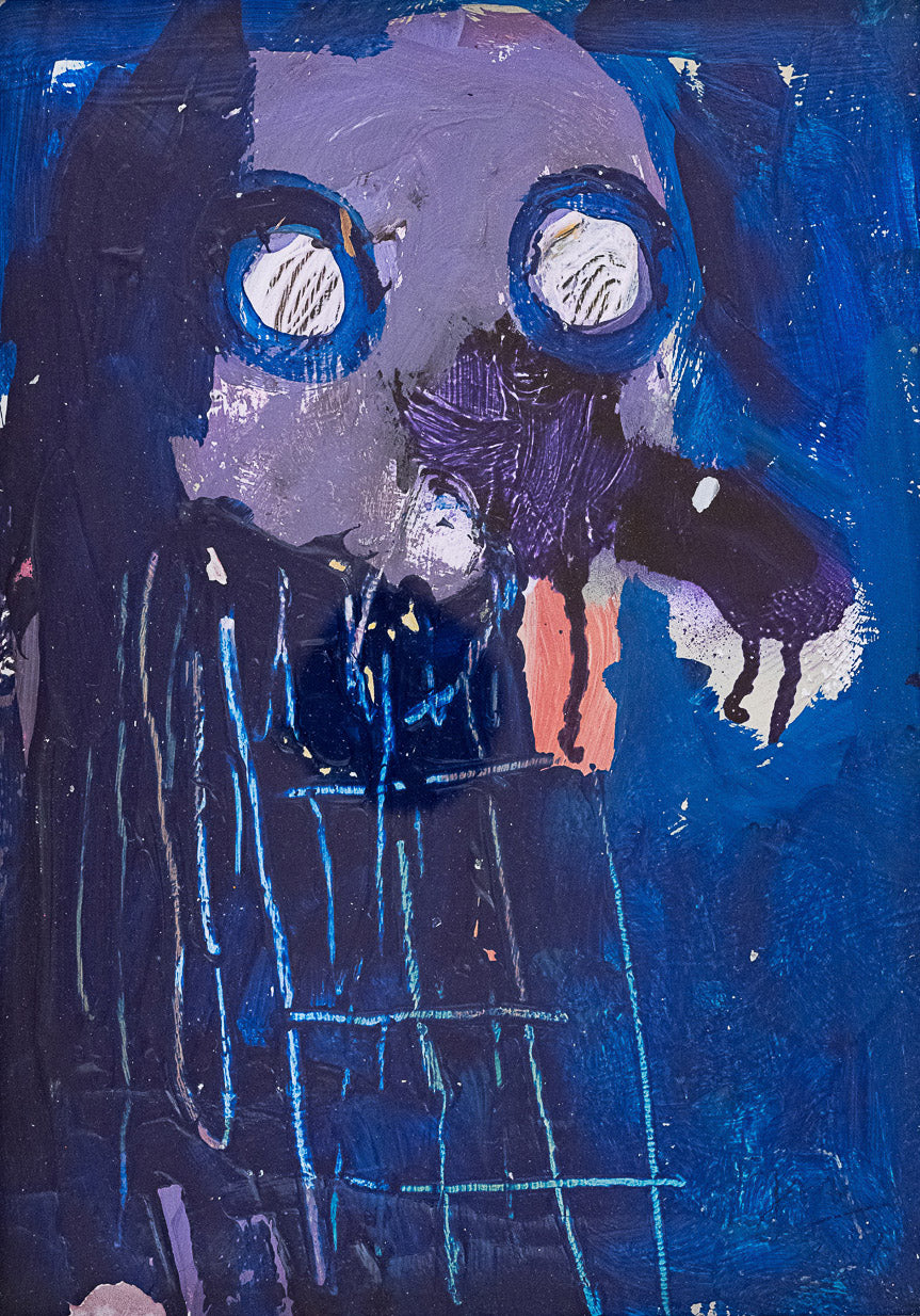 Gemälde mit abstrahierter blauer Figur mit langer Nase. Das Kunstwerk ist online erhältlich