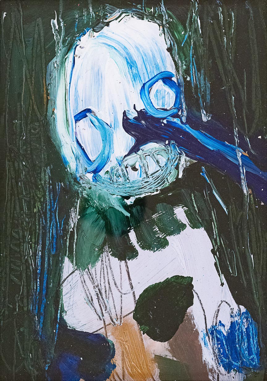 Gemälde mit farbenfroher comic-hafter Figur mit einer langen Nase. Das Kunstwerk ist online erhältlich
