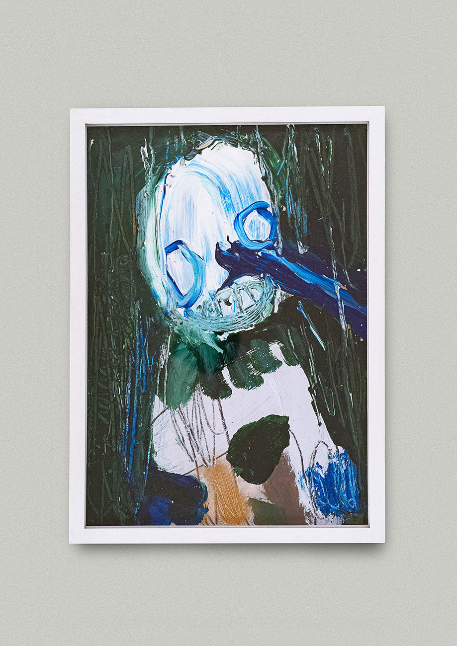 Gemälde mit farbenfroher comic-hafter Figur mit einer langen Nase, an Wand hängend. Das Kunstwerk ist online erhältlich