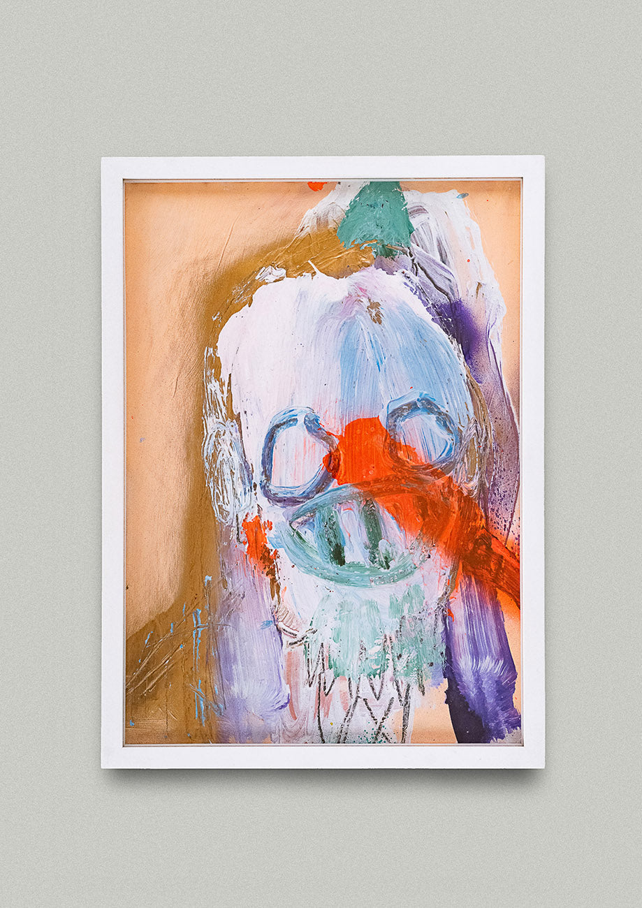 Gemälde in Rhamen mit farbenfrohem comic-haftem Fratzengesicht mit einer langen Nase. Erhältlich bei Galerie König Büro