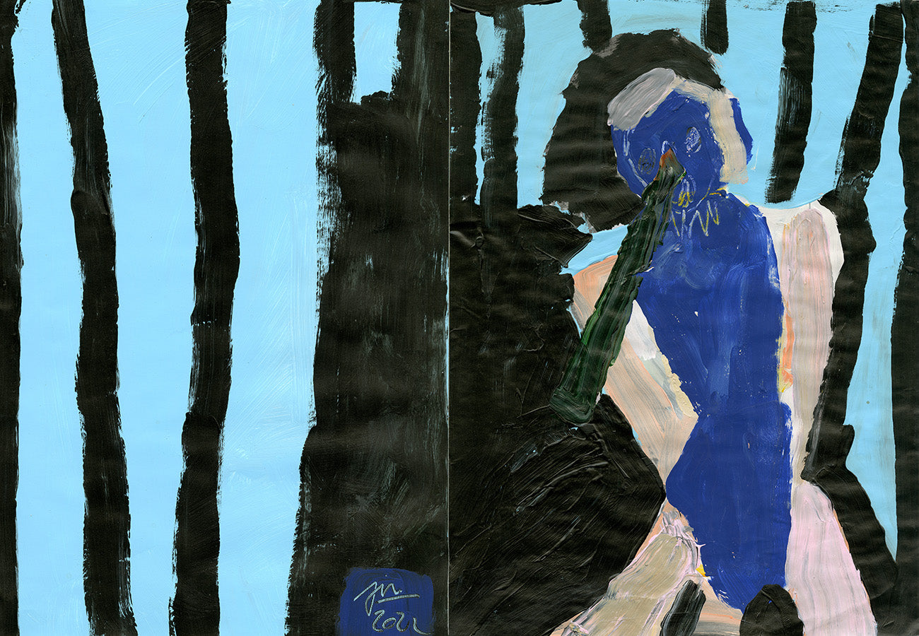 Gemälde einer abstrahierten Figur auf blau und schwarz gestreiftem Hintergrund. Erhältlich im Saleroom der Galerie