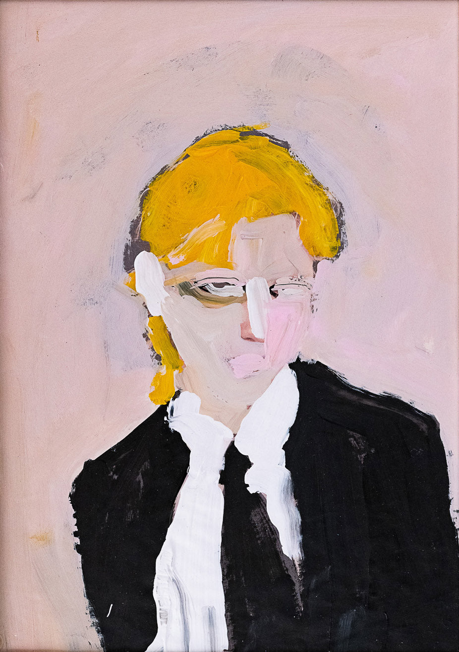 Gemälde mit Portrait einer Figur gemalt von der figurativen Malerin Janet Mueller. Erhältlich im Saleroom der Galerie