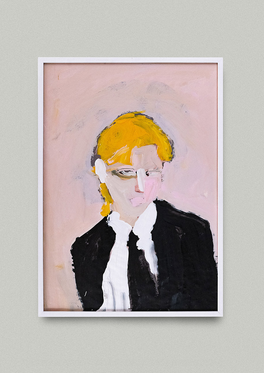 Gemälde gerahmt mit Portrait einer Figur gemalt von der figurativen Malerin Janet Mueller. Erhältlich im Saleroom der Galerie