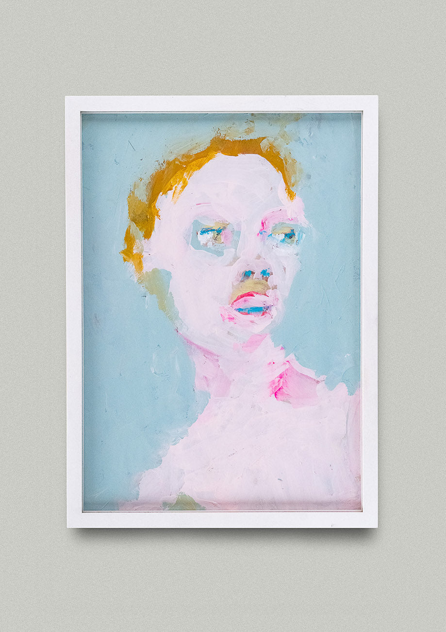 Gemälde gerahmt mit Portrait einer Figur gemalt von der Schweizer Künstlerin Janet Mueller. Erhältlich im Onlineshop