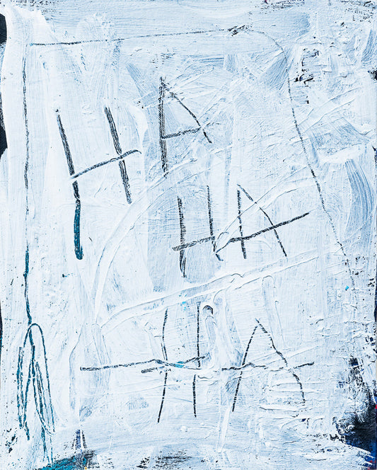 Gemälde mit gekratzter Schrift in Form von Lachen auf weissem Hintergrund. Das Kunstwerk ist online erhältlich