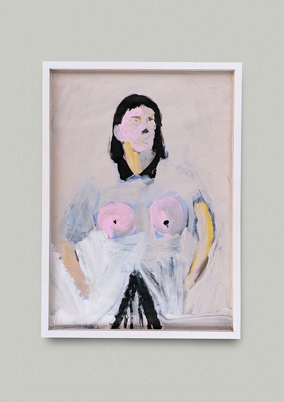 Gemälde gerahmt mit Portrait einer weiblichen Figur der Künstlerin Janet Mueller. Erhältlich bei Galerie König Büro